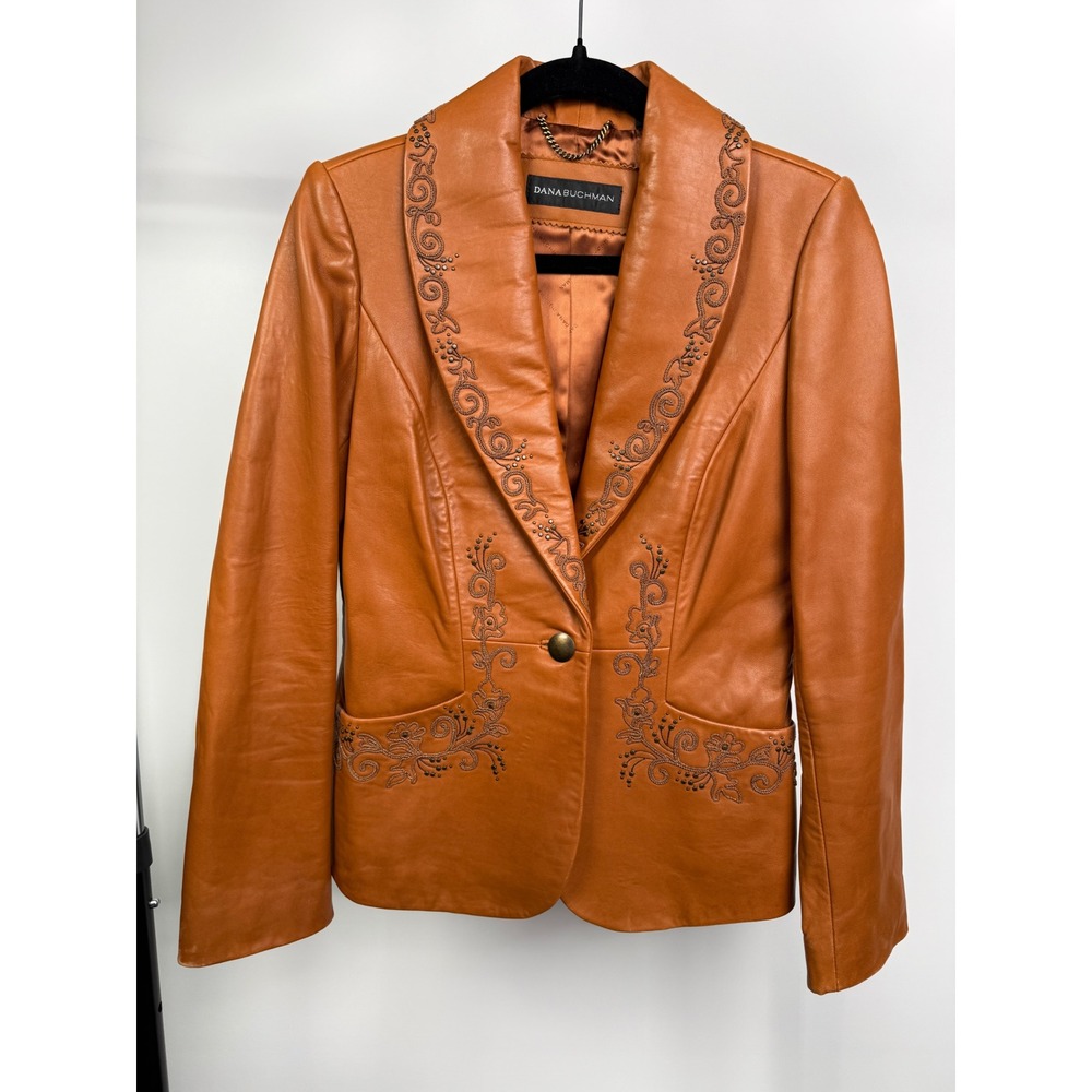 Dana Buchman Womens Tan Leather Blazer Embroidered Studded Western Jacket
